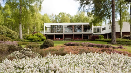 Exterior of The Homewood from the garden, with white flowers filling the foreground